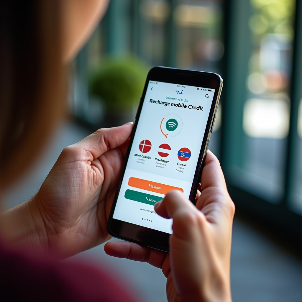 Persona usando smartphone para recargar saldo móvil instantáneamente, pantalla mostrando confirmación de recarga exitosa con iconos de diferentes operadoras telefónicas argentinas