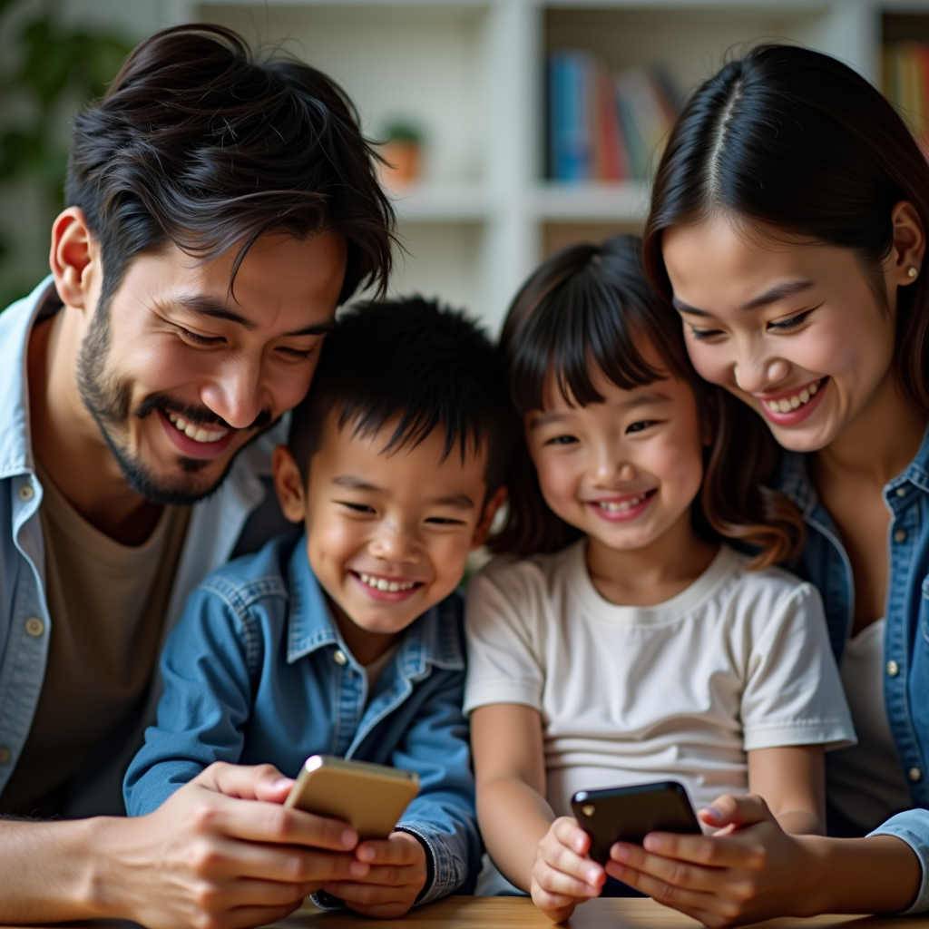 Familia feliz usando smartphones para comunicarse con seres queridos en el extranjero, mostrando videollamadas y mensajes en pantallas de teléfonos móviles modernos