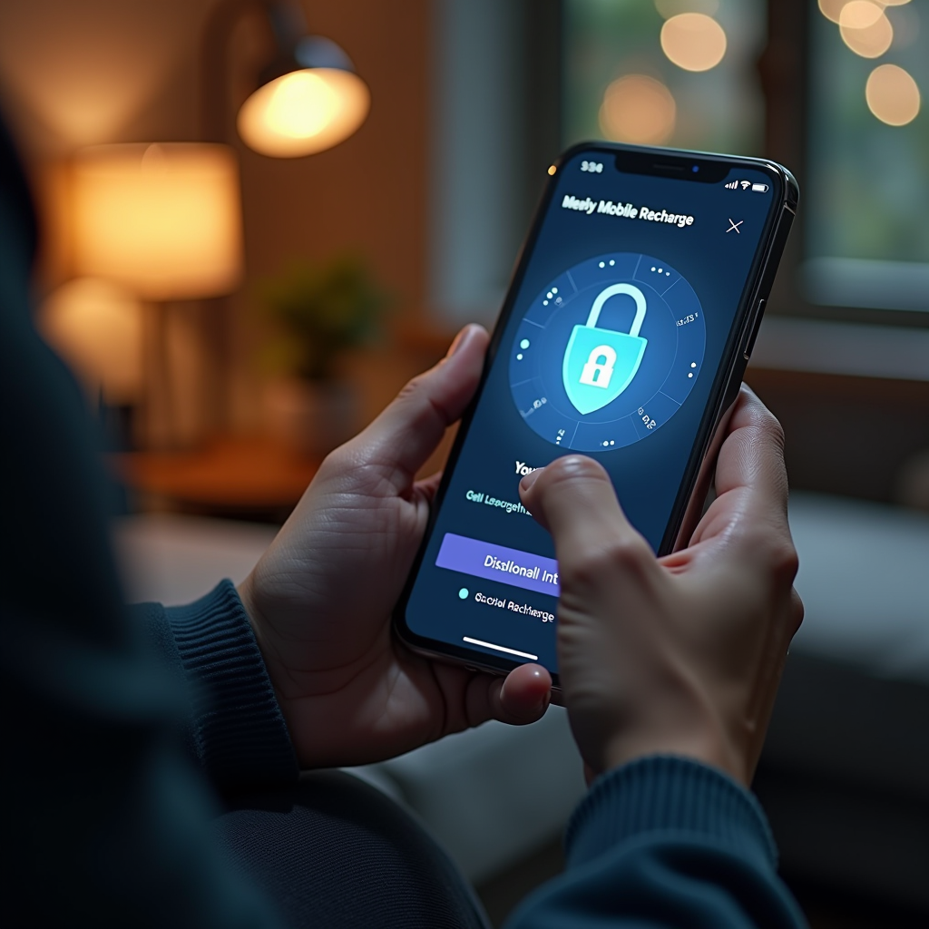 Persona usando smartphone de forma segura con candado digital y escudo de protección, verificando sitio web de recarga móvil en pantalla, ambiente hogareño moderno con iluminación cálida