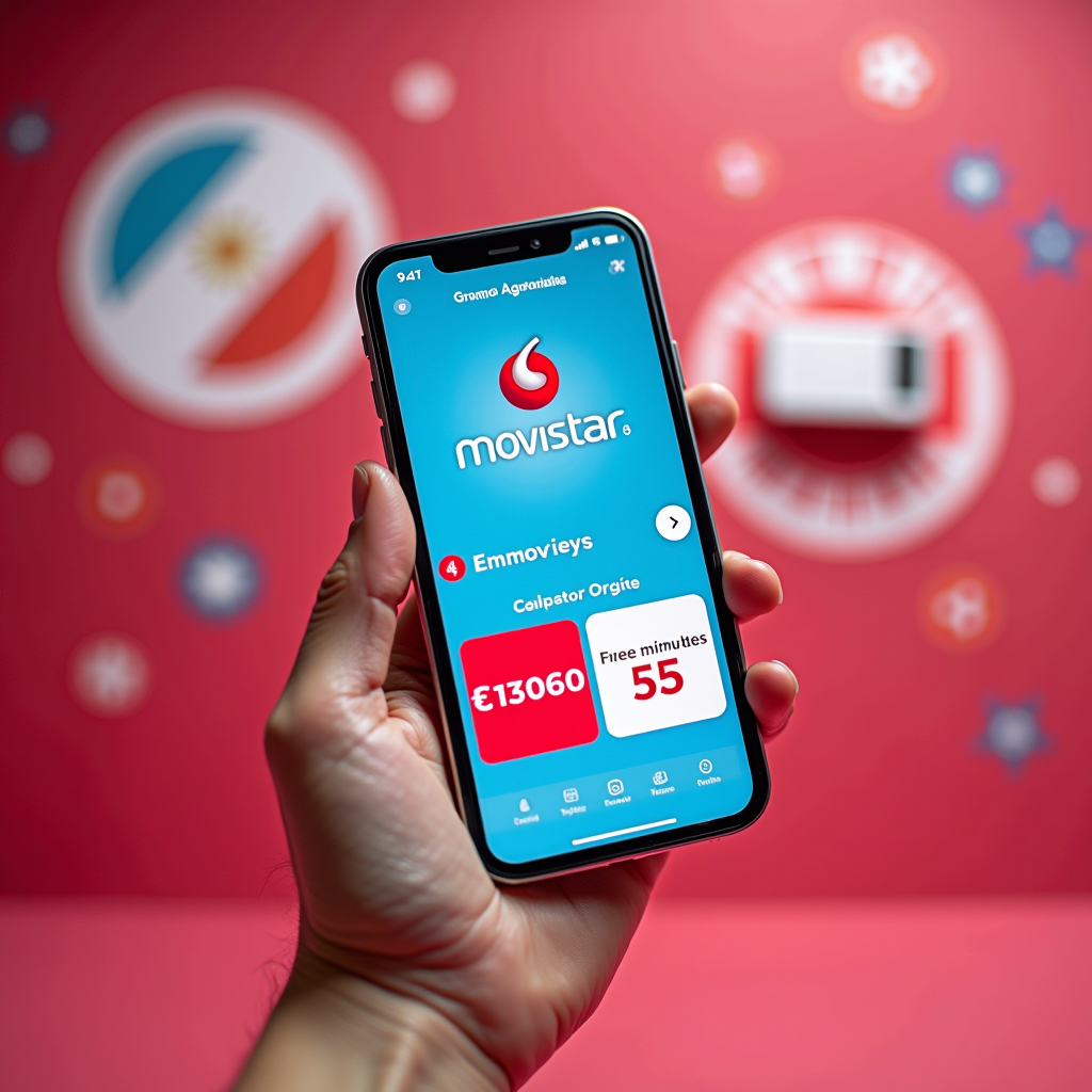 Smartphone mostrando aplicaciones de operadoras argentinas Movistar, Claro y Personal con iconos de descuentos, datos móviles y minutos gratis, fondo vibrante con elementos de ahorro y promociones