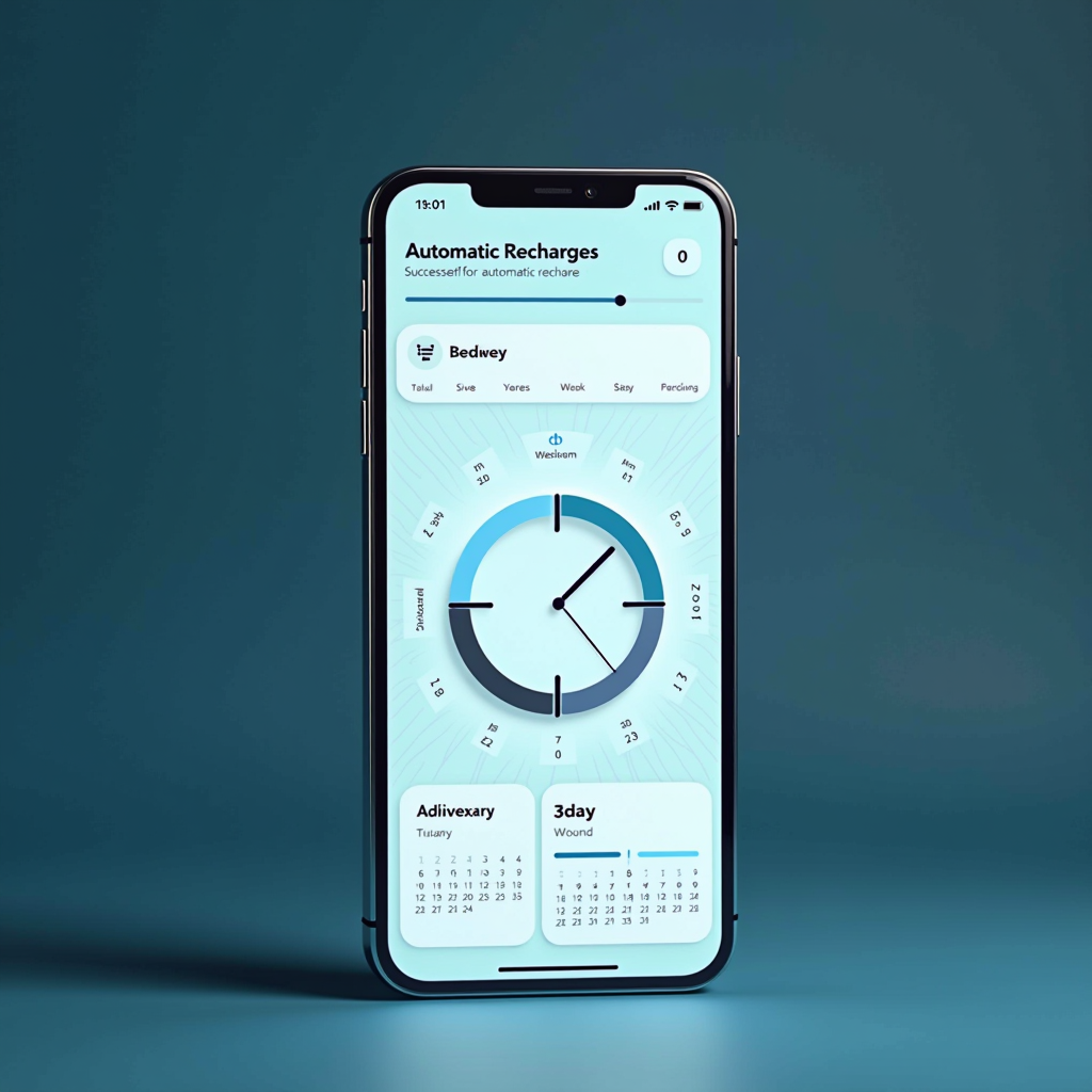 Calendario digital con fechas marcadas para recargas automáticas mensuales, smartphone mostrando notificación de recarga programada exitosa con icono de reloj y campana