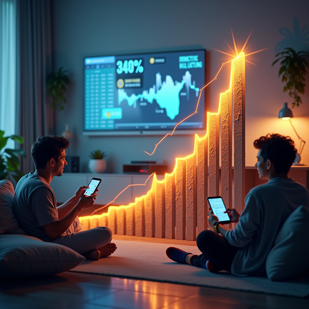 Gráfico ascendente mostrando estadísticas de crecimiento del 340% en recargas digitales, personas usando smartphones en casa, ambiente moderno argentino con elementos tecnológicos y datos visuales