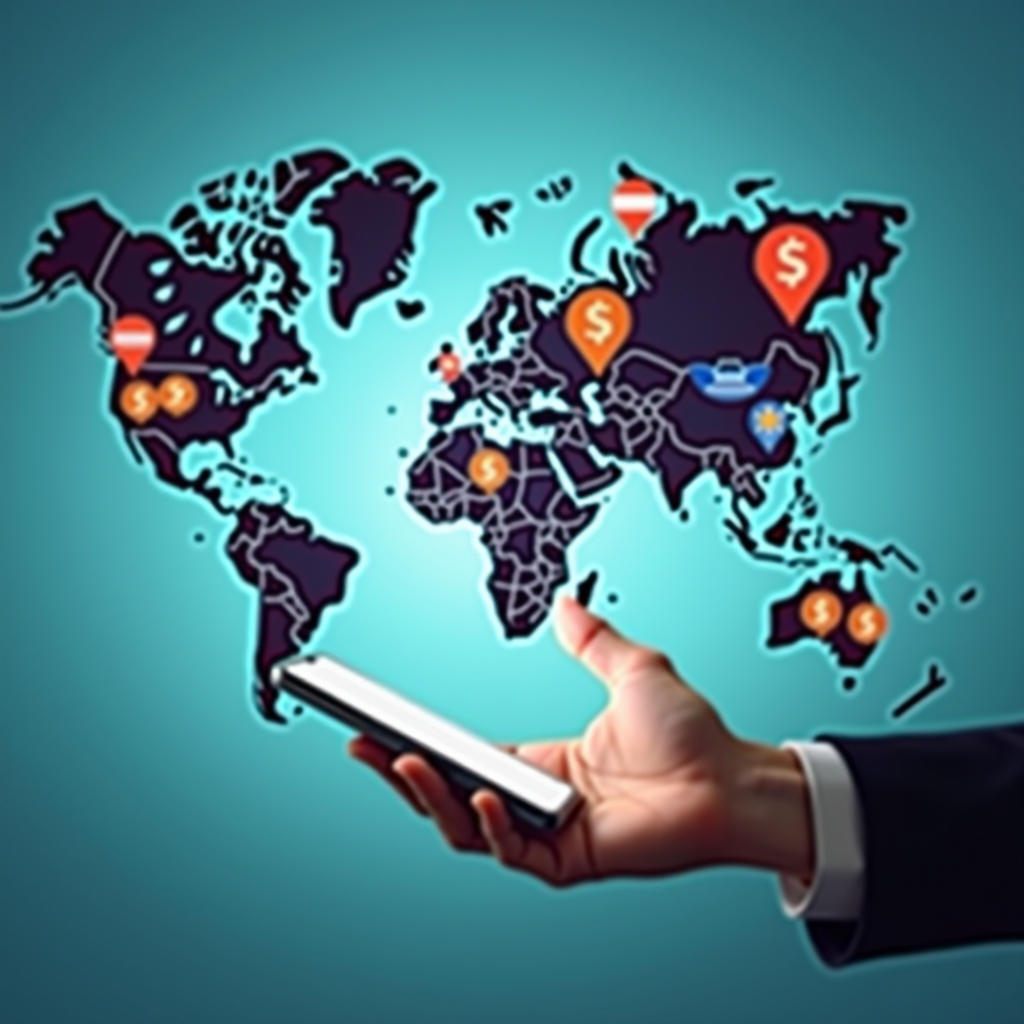 Mapa mundial con marcadores en diferentes países de América Latina, Estados Unidos y Europa, smartphone enviando saldo internacional con iconos de banderas y símbolos de monedas